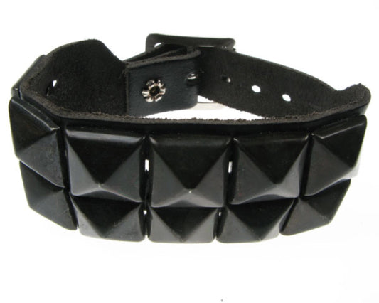 WB253 2 row black pyramid Leather Wristband - Black