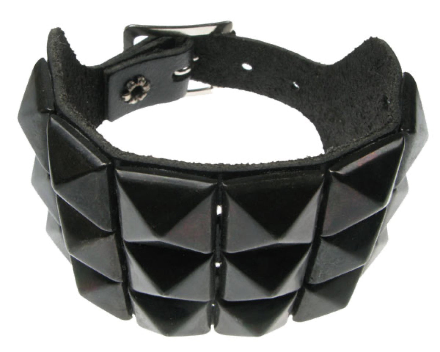 WB254 3 row black pyramid Leather Wristband - Black