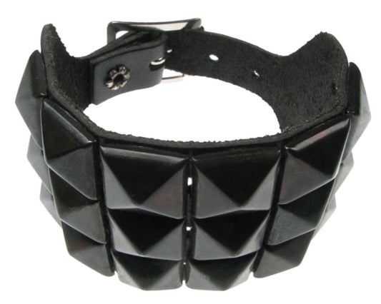 WB254 3 row black pyramid Leather Wristband - Black