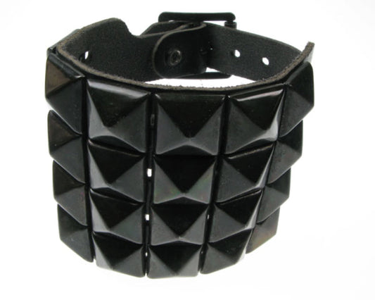 WB255 4 row black pyramid Leather Wristband - Black