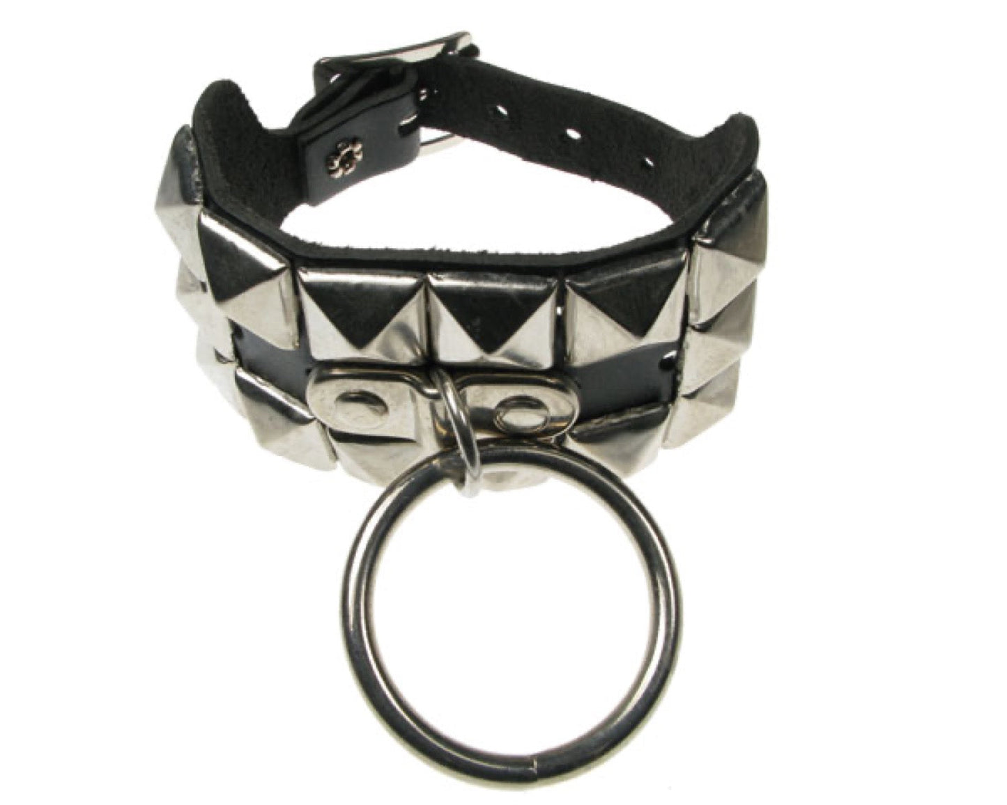 WB256 2 Row New pyramid and large ring Leather Wristband - Black