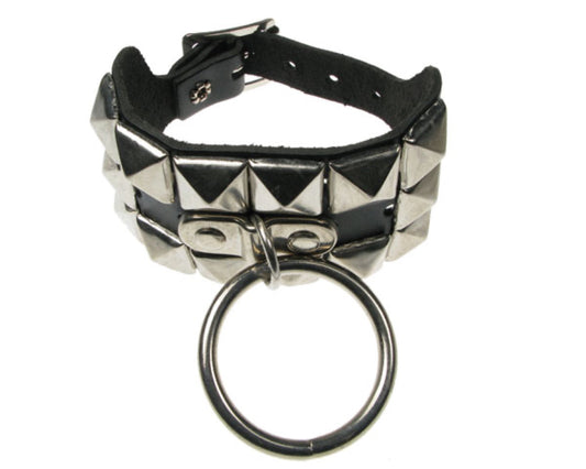 WB256 2 Row New pyramid and large ring Leather Wristband - Black