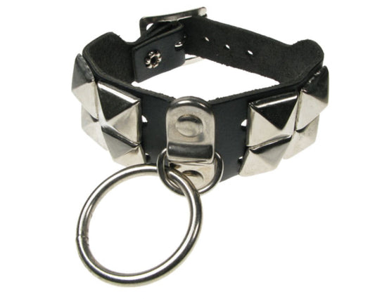 WB257 2 Row New pyramid and medium ring Leather Wristband - Black