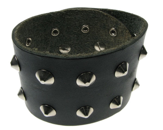 WB259 4 Row width 2 row conical Leather Wristband - Black