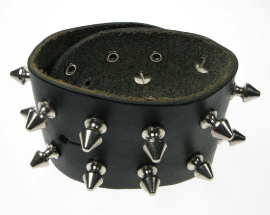 WB260 4 Row width 2 row spike Leather Wristband - Black