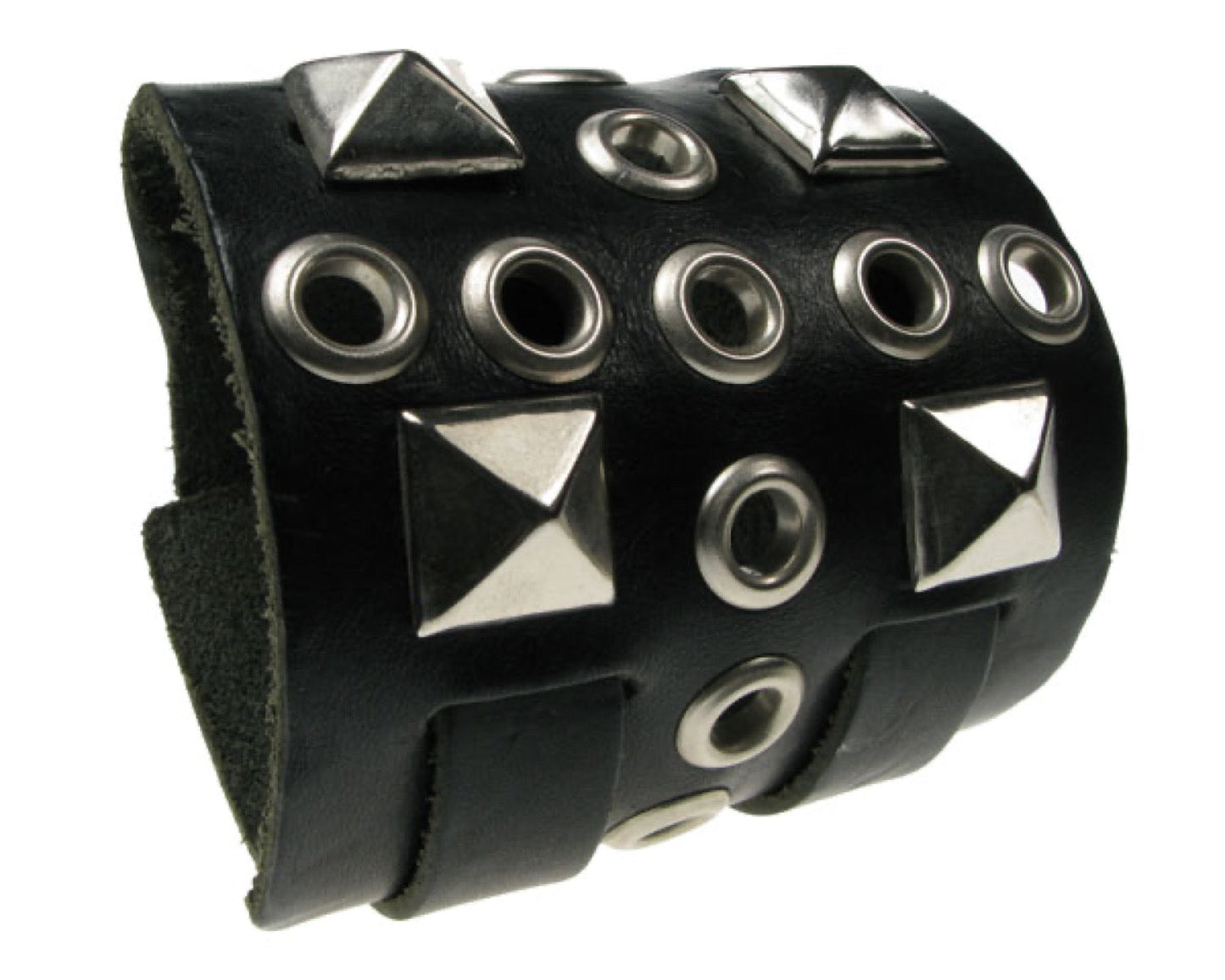 WB261 5 Row Eyelet cross & New Pyramid Leather Wristband - Black