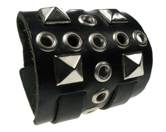 WB261 5 Row Eyelet cross & New Pyramid Leather Wristband - Black