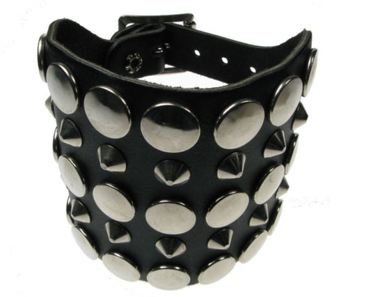 WB263 5 Row Button & Conical Leather Wristband - Black