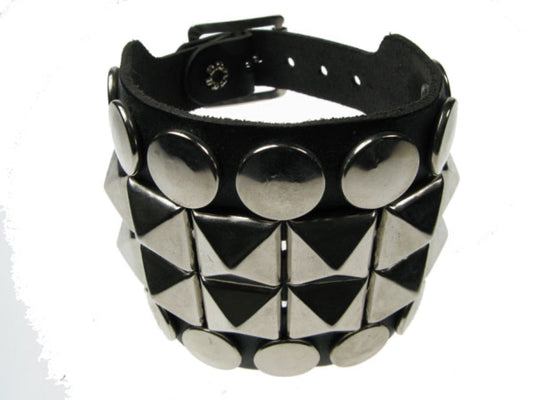 WB264 4 Row Button & New Pyramid Leather Wristband - Black