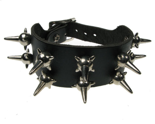 WB267 2 row mine spike Leather Wristband - Black