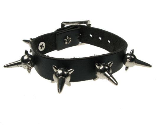 WB270 1 row mine spike Leather Wristband - Black