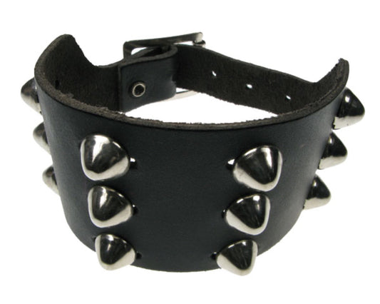 WB272 3 row dome conical Leather Wristband - Black