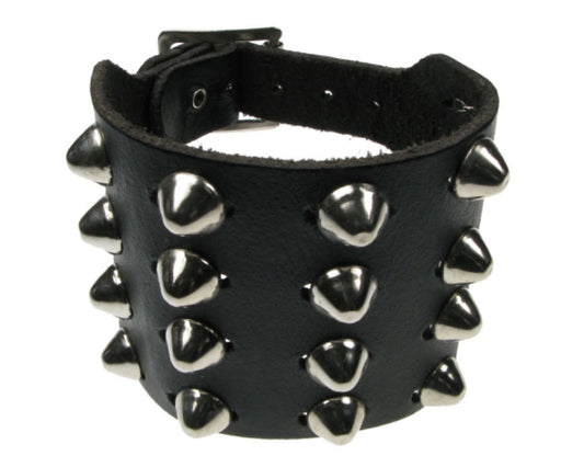 WB273 4 row dome conical Leather Wristband - Black