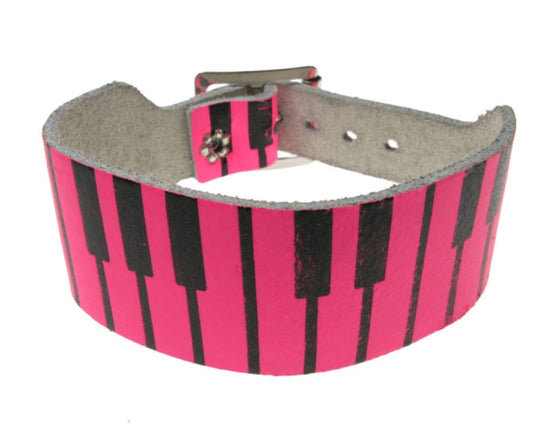 WB276 2 row piano print Leather Wristband - F.Pink