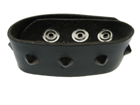 WB278 1 row black conical Leather Wristband (Buttoned) - Black