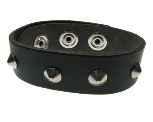 WB280 1 row conical Leather Wristband (Buttoned) - Black