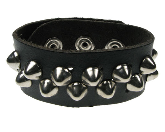 WB281 2 row dome conical Leather Wristband (Buttoned) - Black