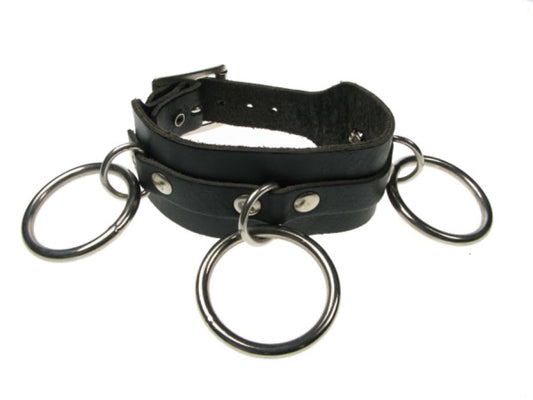 WB282 2 Row width 3 medium rings Leather Wristband - Black