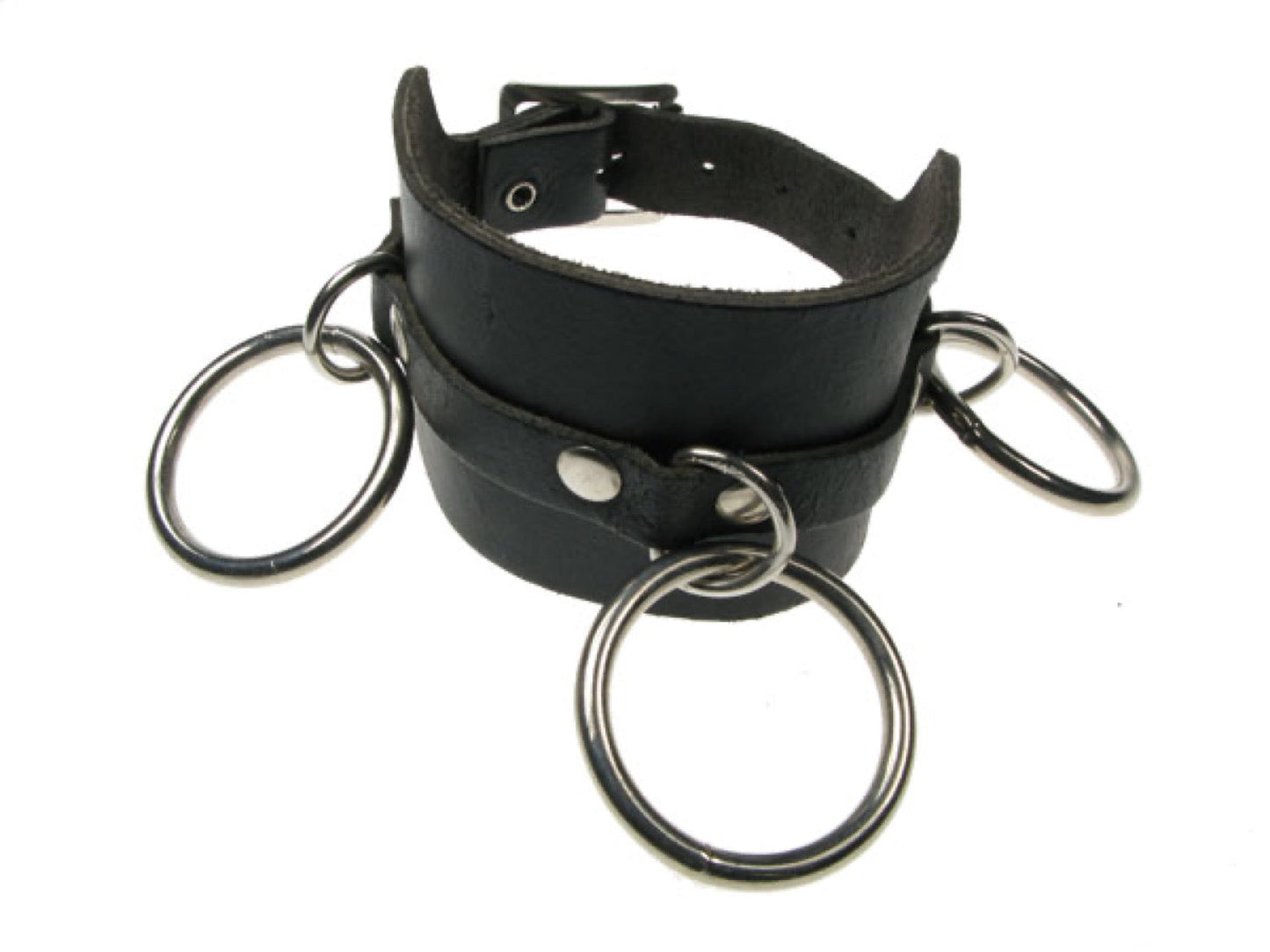 WB283 3 Row width 3 medium rings Leather Wristband - Black