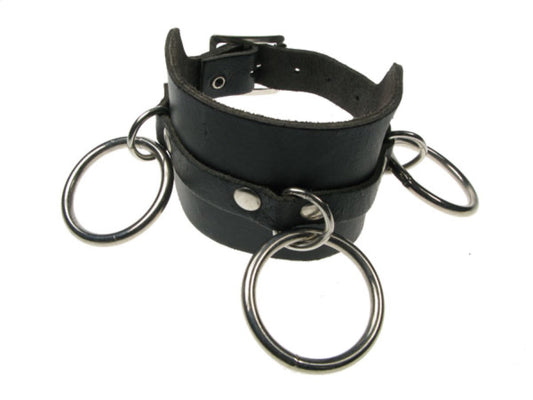 WB283 3 Row width 3 medium rings Leather Wristband - Black