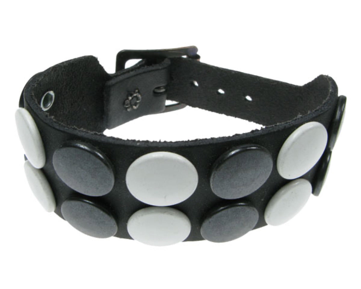 WB284 2 Row white & black button Leather Wristband - Black