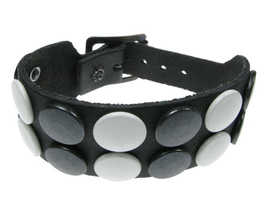 WB284 2 Row white & black button Leather Wristband - Black