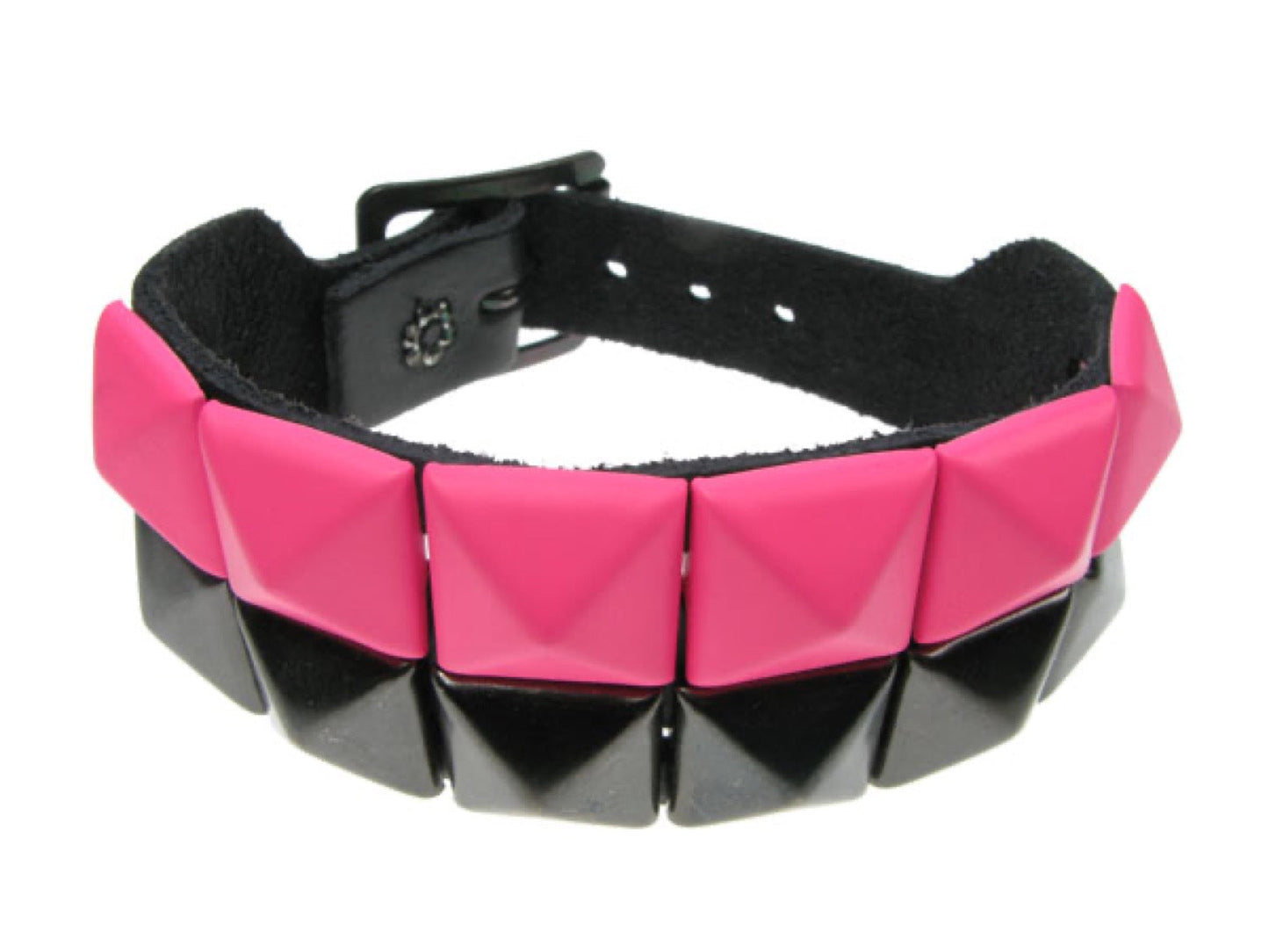 WB286 2 Row pink & white pyramid Leather Wristband - Black