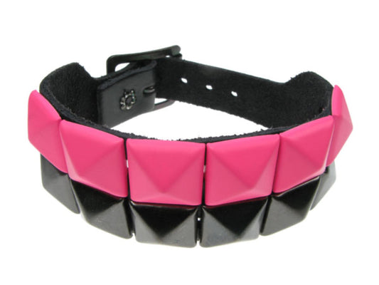 WB286 2 Row pink & white pyramid Leather Wristband - Black