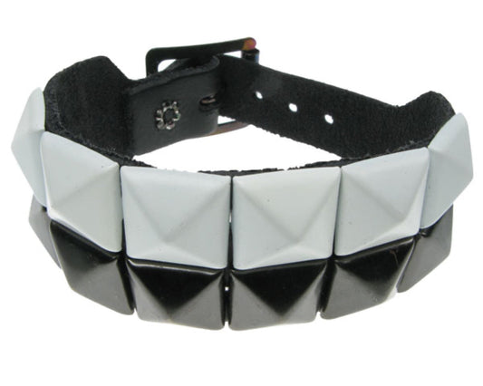 WB287 2 Row black & white pyramid Leather Wristband - Black