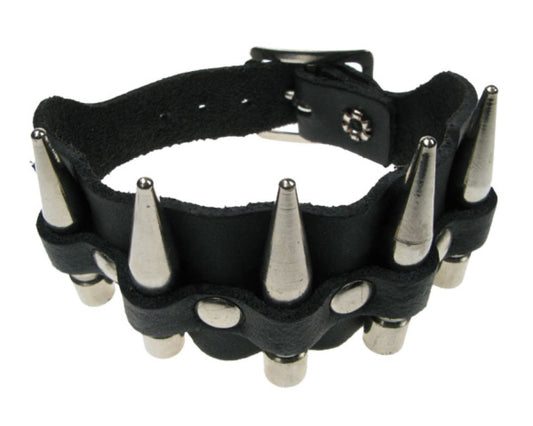 WB290 2 Row width with Large Spike Leather Wristband - Black