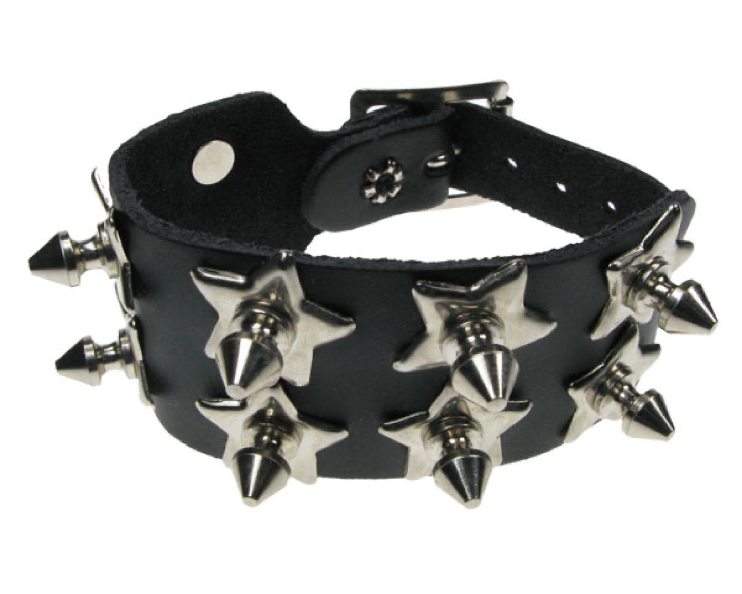 WB291 2 ROW STAR WITH SMALL SPIKE FITTING Leather Wristband - Black