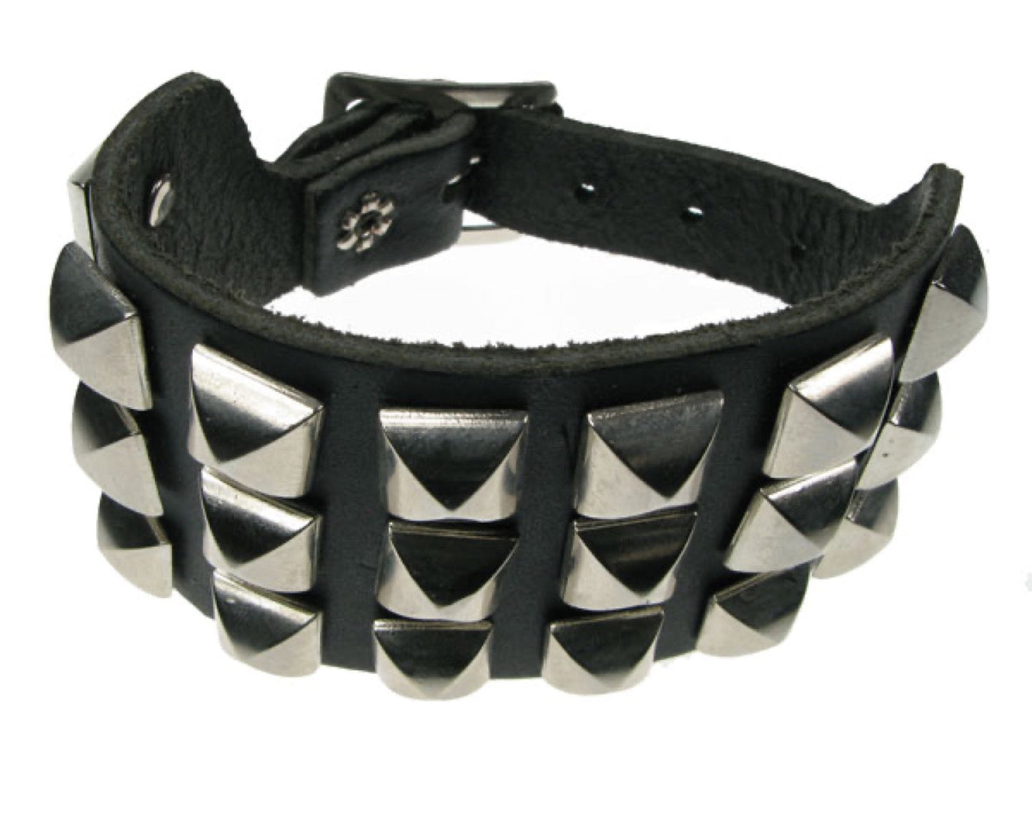 WB292 3 ROW SPACED SMALL DIE CAST PYRAMID Leather Wristband - Black