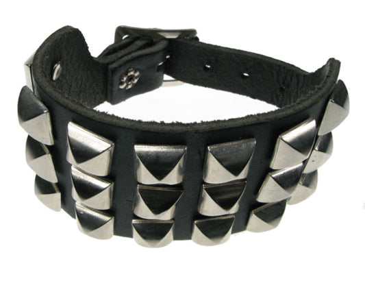 WB292 3 ROW SPACED SMALL DIE CAST PYRAMID Leather Wristband - Black