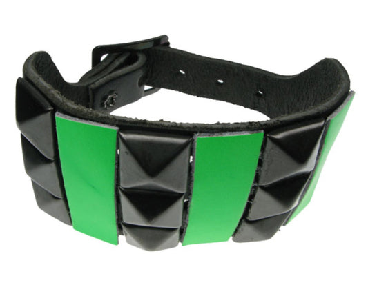 WB295 3 ROW MIXED BLACK PYRAMID AND LEATHER PIECES Leather Wristband - Black