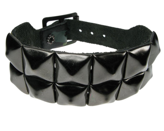 WB297 2 ROW BLACK PYRAMID ON GREEN CAMOFLAGUE Leather Wristband - Camo Green