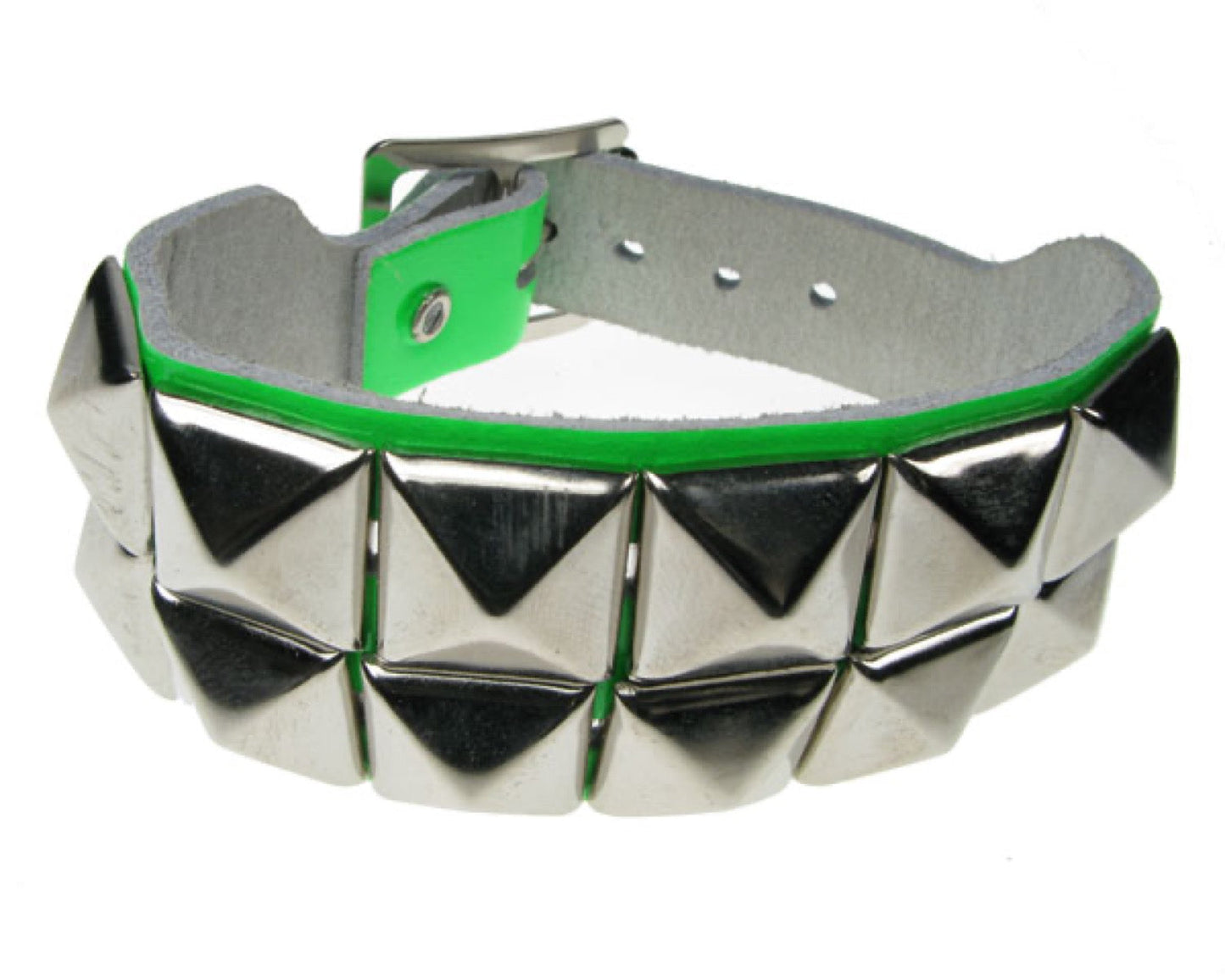 WB305 2 ROW PYRAMID ON FLOURESCENT  Leather Wristband -  Green
