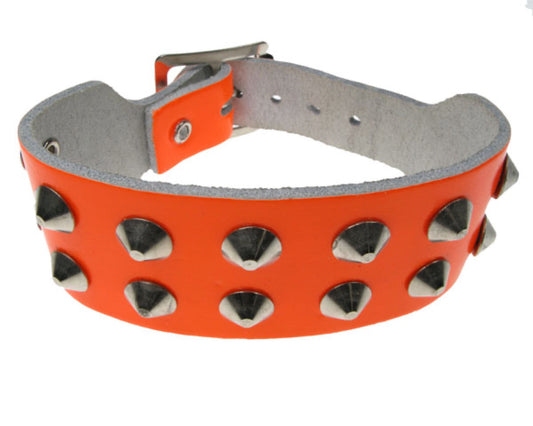 WB307 2 ROW CONICAL ON FLOURESCENT  Leather Wristband -  ORANGE