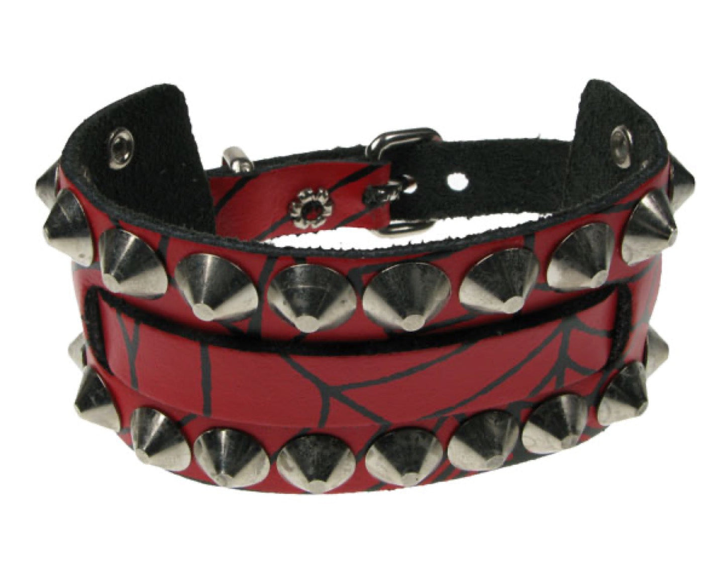 WB325 WATCH STRAP 2 Row 10mm Pyramid Leather Spider Print Wristband - RED Leather Wristband