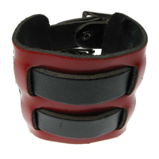 WB336B 4 ROW WIDTH 2 INCH WB WEAVED INTO LEATHER PIECE Leather Wristband - Red  Black