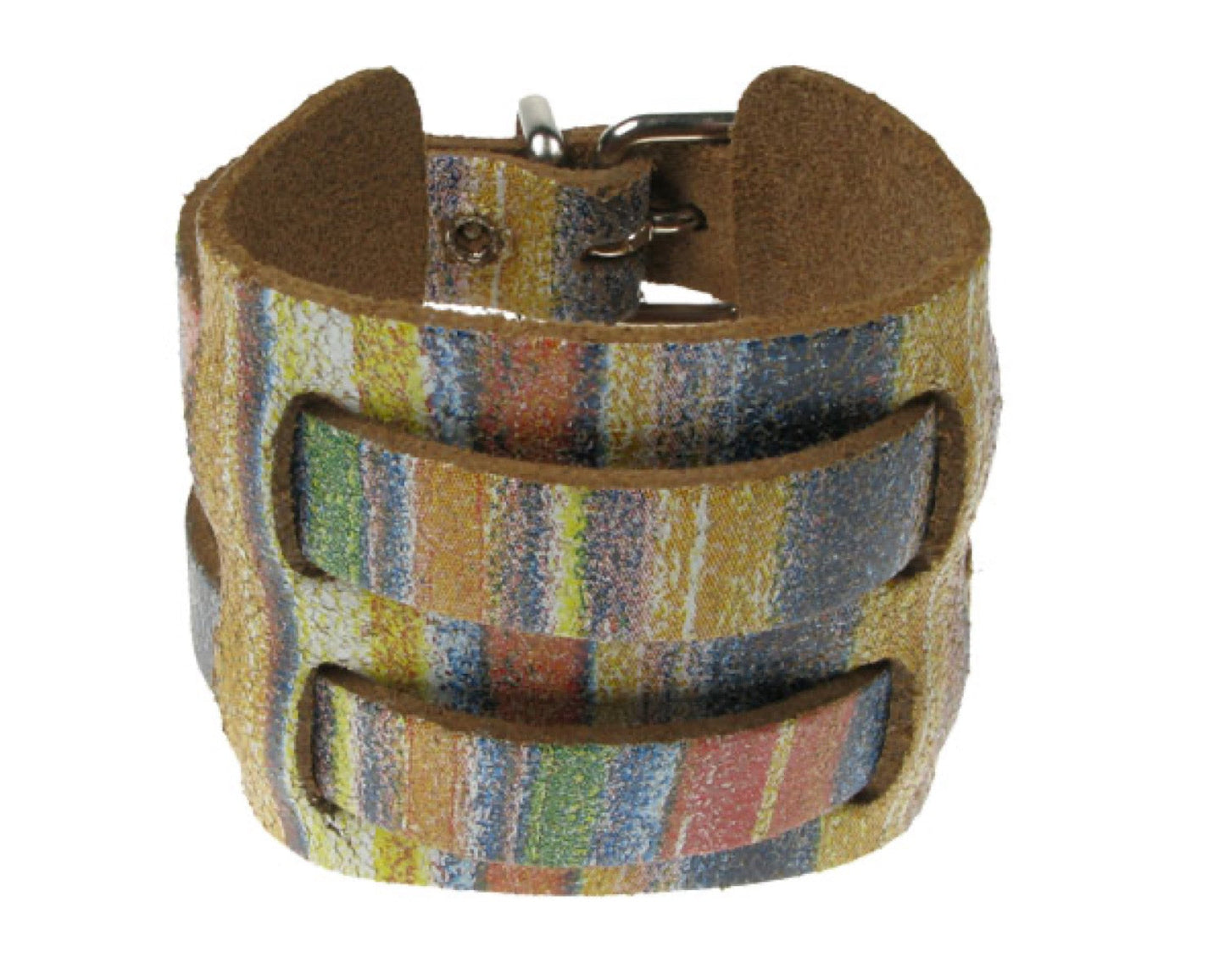 WB338 4 ROW WIDTH 2 INCH WB WEAVED INTO LEATHER PIECE MULTI-COLOUR Leather Wristband