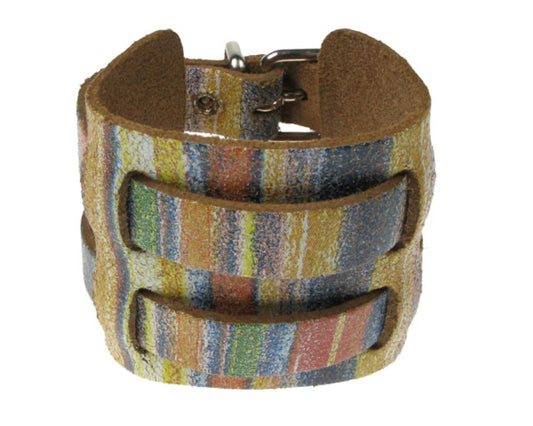 WB338 4 ROW WIDTH 2 INCH WB WEAVED INTO LEATHER PIECE MULTI-COLOUR Leather Wristband