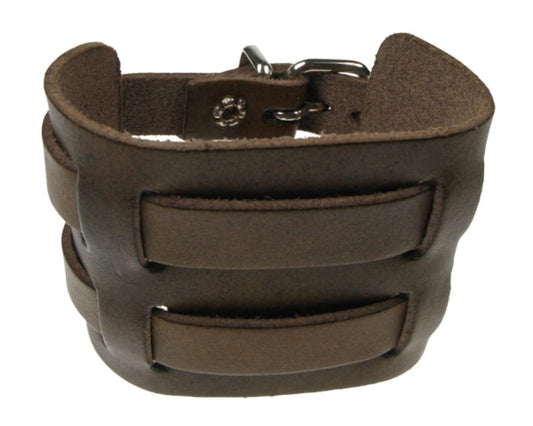 WB340 4 ROW WIDTH 2 INCH WB WEAVED INTO LEATHER PIECE SPECIAL BROWN Leather Wristband - Brown