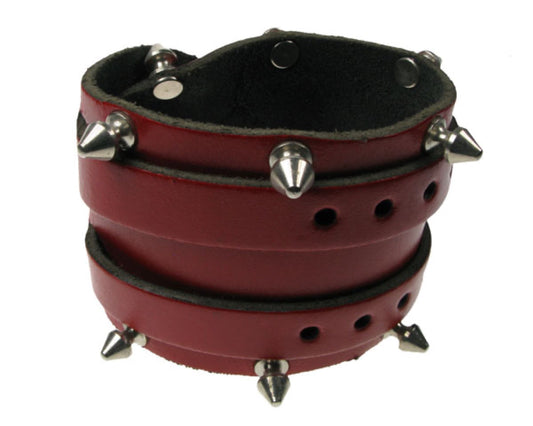 WB346 4 ROW WRAP ROUND WB W/SPIKE Leather Wristband - Red