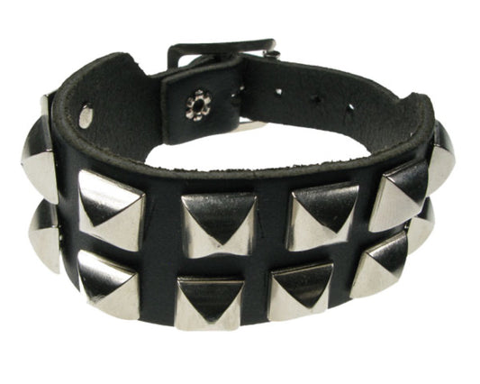WB349 2 ROW SPACED CURVED PYRAMID Leather Wristband - Black