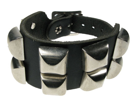 WB350 2 ROW LARGE SPACED CURVED PYRAMID Leather Wristband - Black
