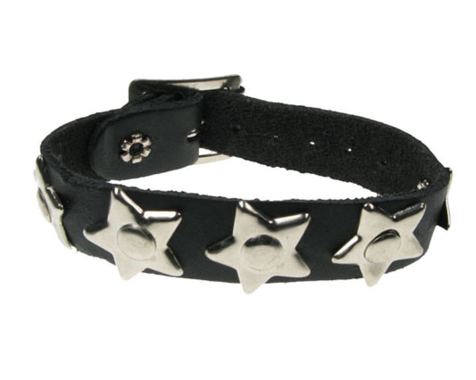 WB354 1 ROW STAR and Rivet Leather Wristband - Black