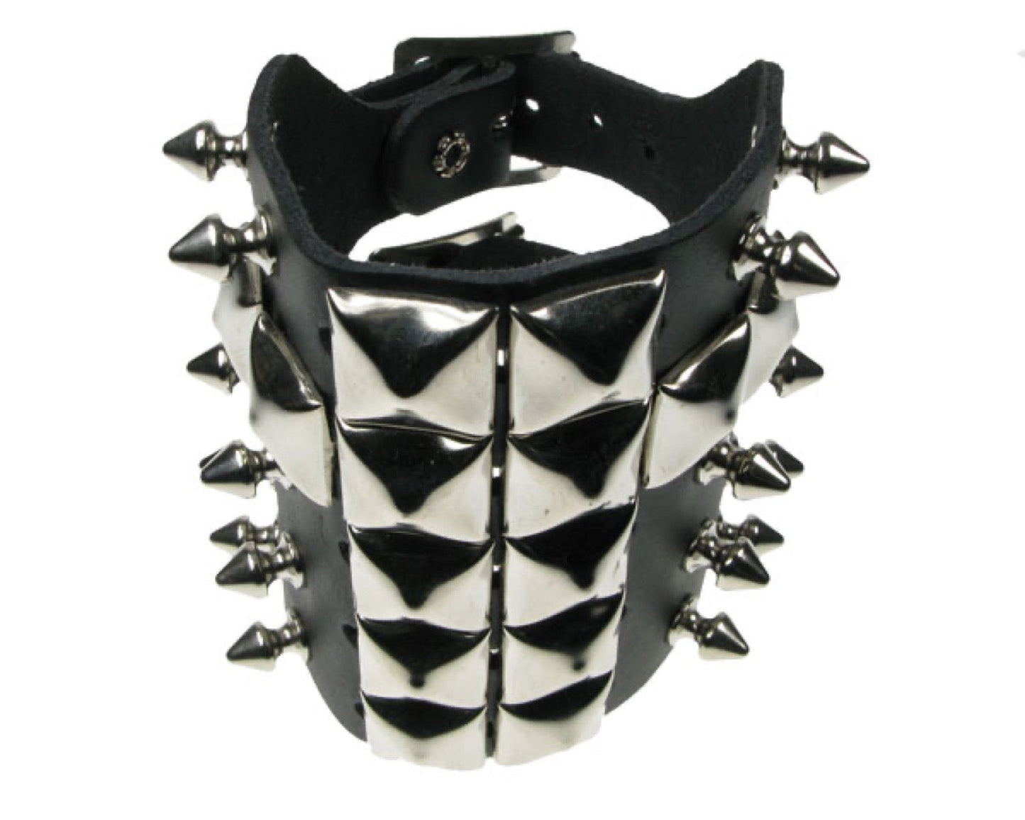 WB356 5 ROW WIDTH, SPIKES AND PYRAMID CHRISTIAN CROSS Leather Wristband - Black