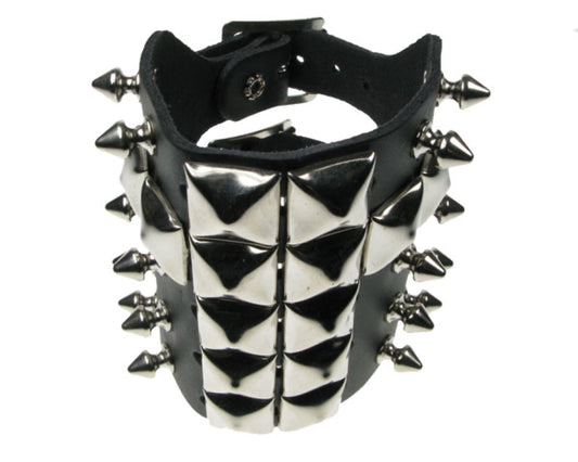 WB356 5 ROW WIDTH, SPIKES AND PYRAMID CHRISTIAN CROSS Leather Wristband - Black