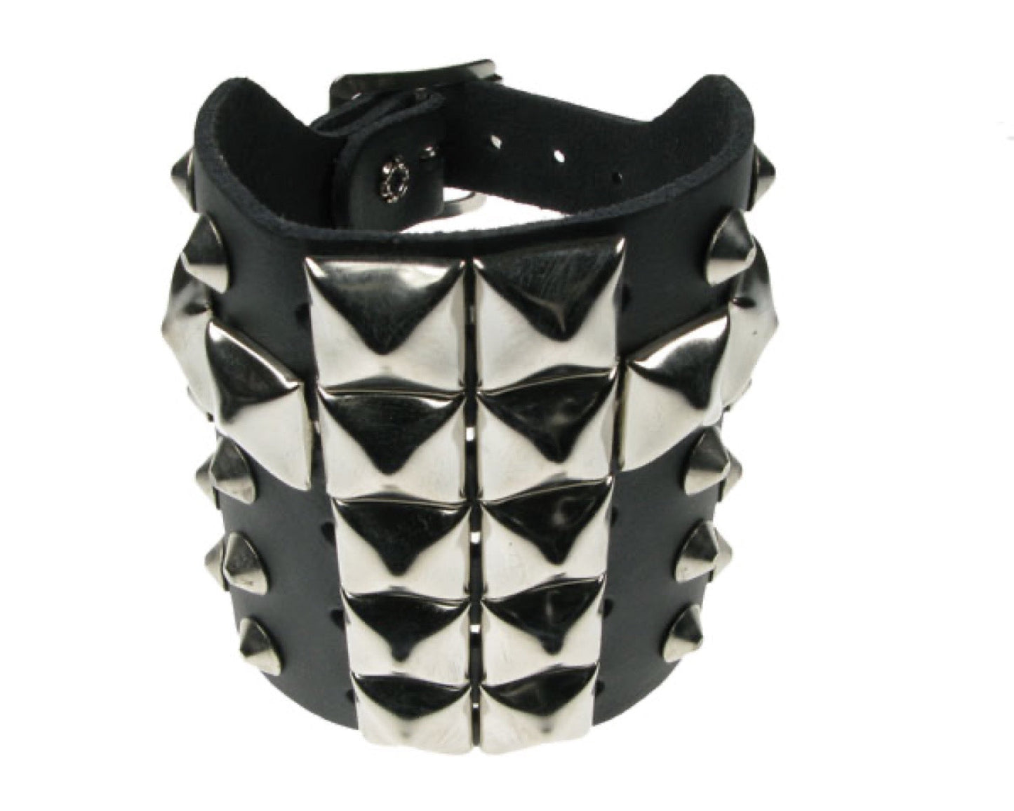 WB357 5 ROW WIDTH, CONICAL AND PYRAMID CHRISTIAN CROSS Leather Wristband - Black