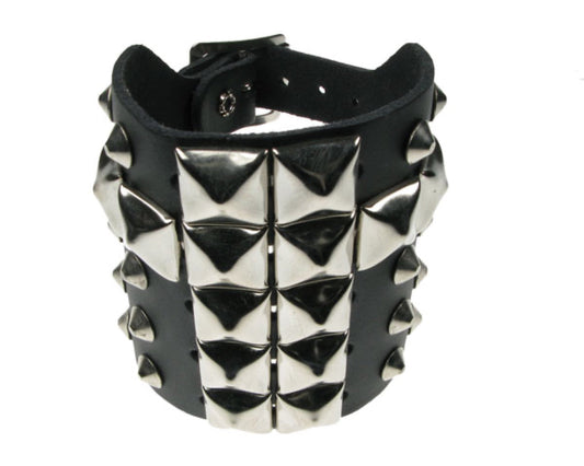 WB357 5 ROW WIDTH, CONICAL AND PYRAMID CHRISTIAN CROSS Leather Wristband - Black